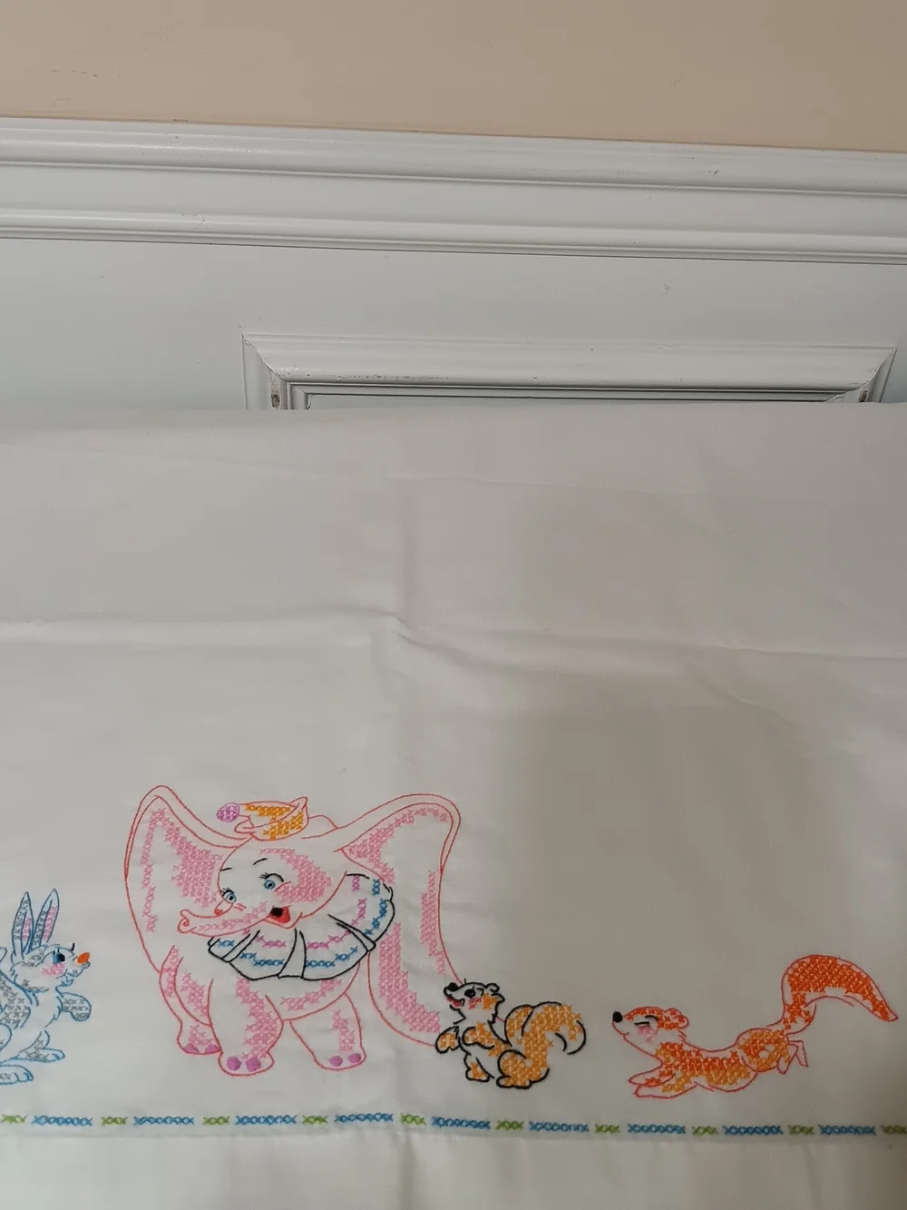 Embroidered Elephant & Bunny Vintage Cotton Crib Sheet Set - Pink, Blue, Cream